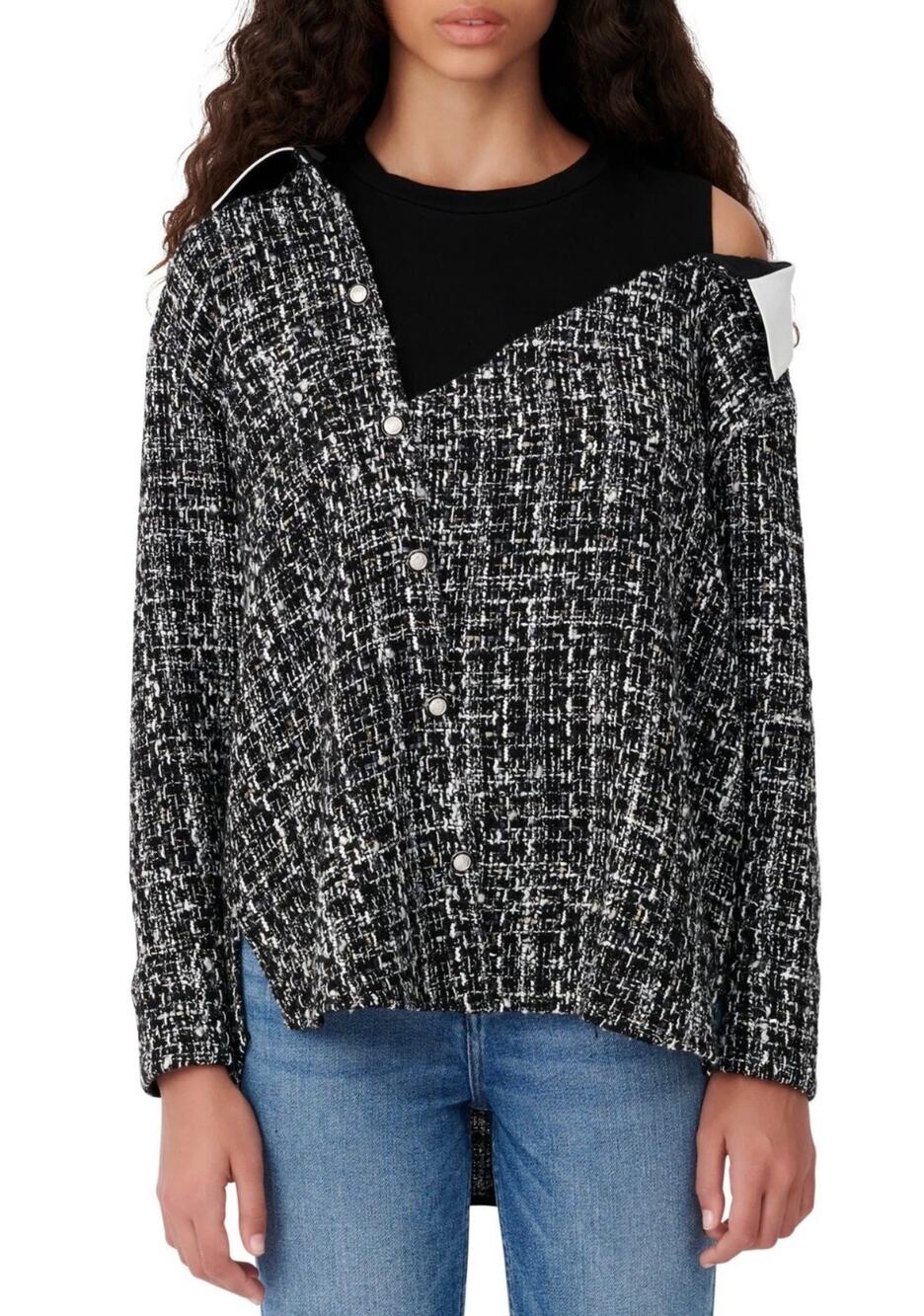 Maje Laco Tweed Off the Shoulder Top Jacket Sweater Black White Size 2 US M
